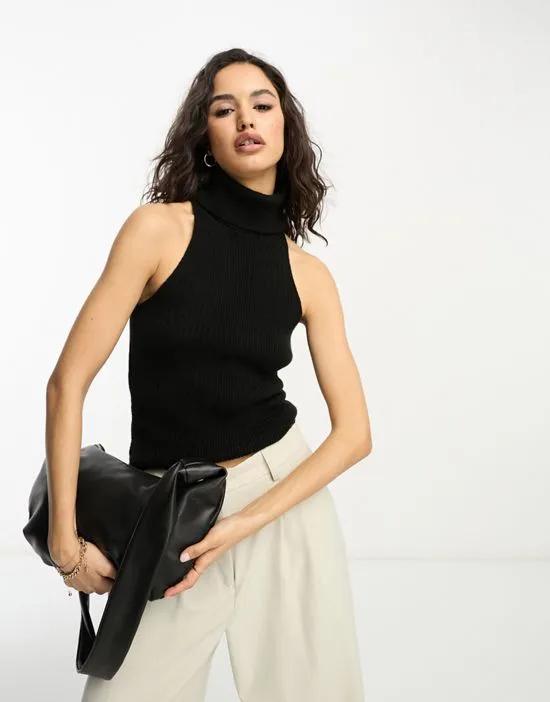 knitted sleeveless top with turtle neck in black