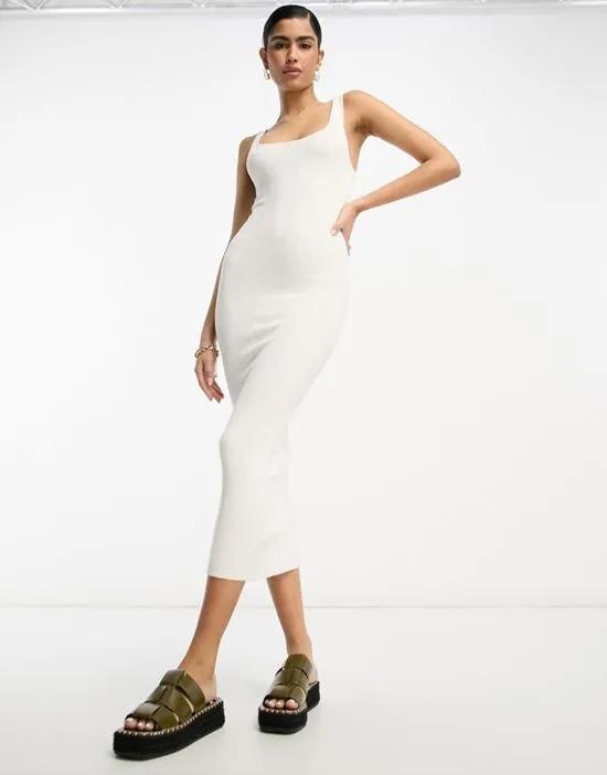 knitted square neck midi dress in white