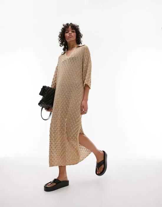 knitted stitchy polo maxi dress in neutral