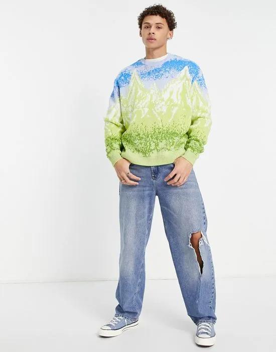 knitted sweater with pixelated landscape pattern