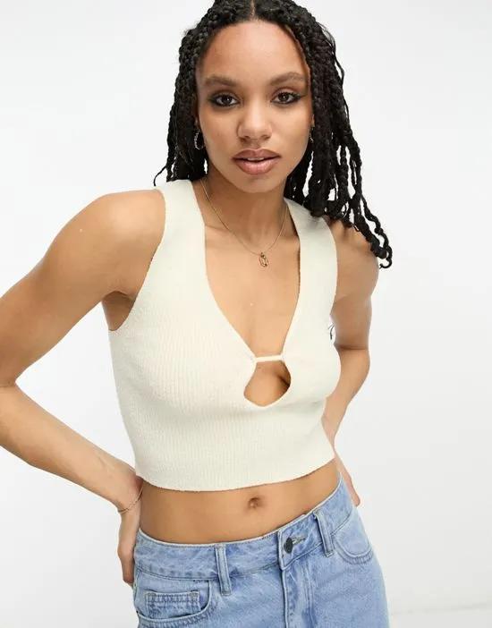 knitted textured crop top with cut out detail in stone
