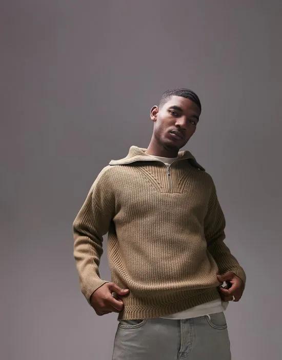 knitted utility funnel neck sweater in khaki