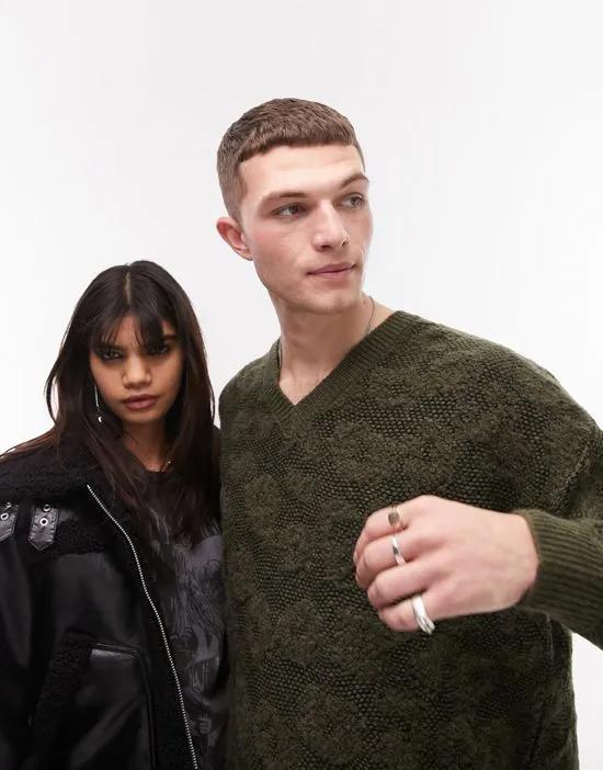 knitted v neck sweater with animal texture in khaki