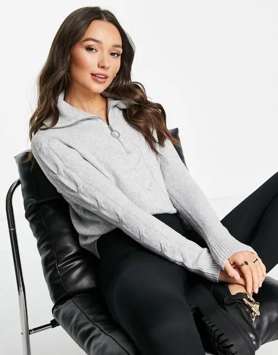 knitted zip neck sweater with cable detail in gray
