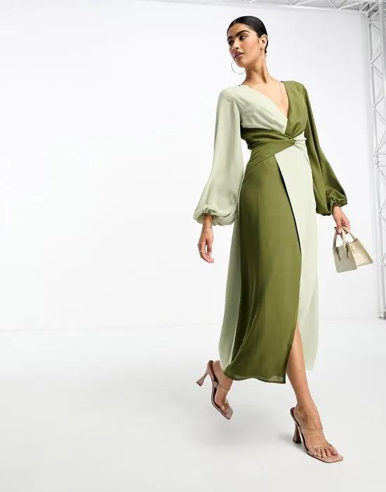 knot front contrast midi dress in olive and sage