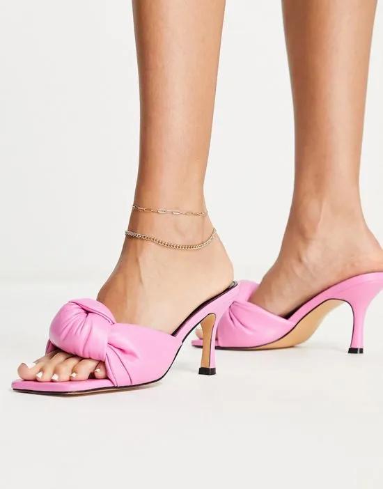 knot front mid heel mule sandals in bright pink