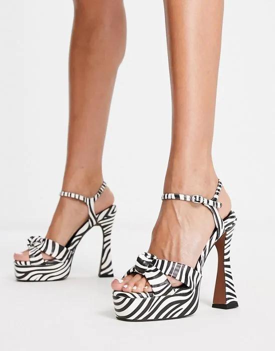 knot front platform sandals in black & white zebra
