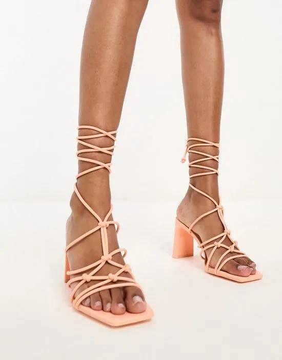 knot front strappy heeled sandal in orange