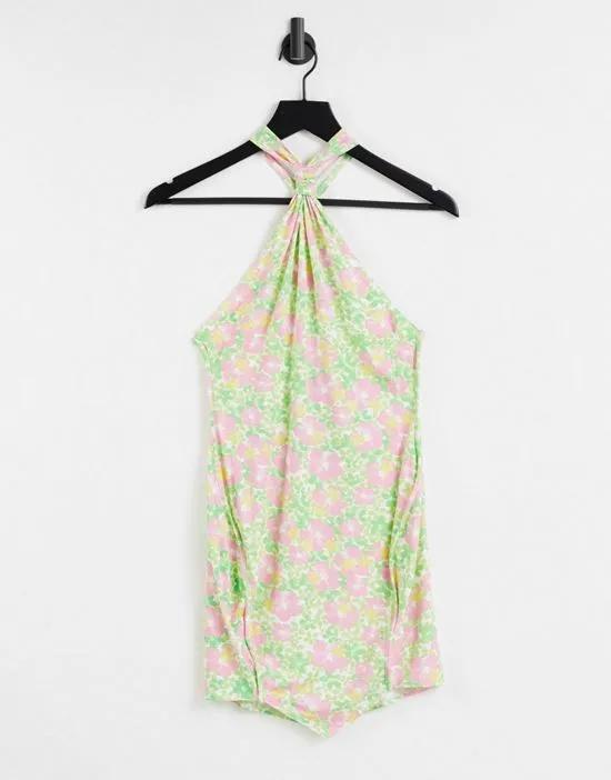 knot halter mini dress with split in 70s floral print