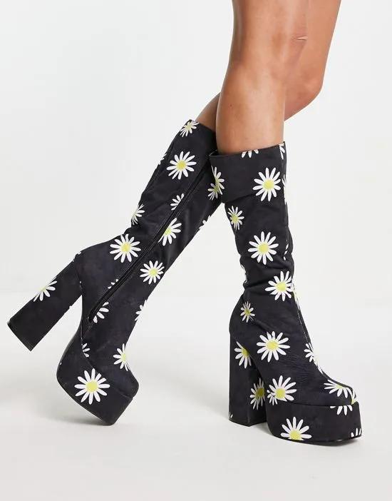 KOI Crazy Daisy platform knee boots in black
