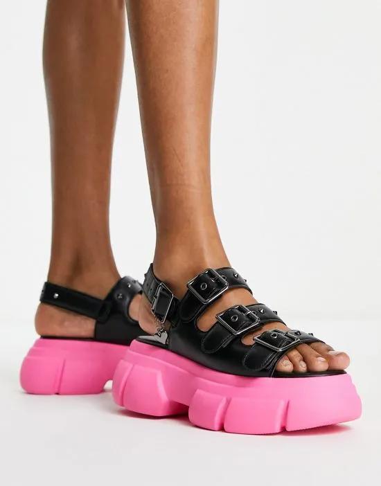 KOI Sticky Secrets chunky sandals with pink sole in black