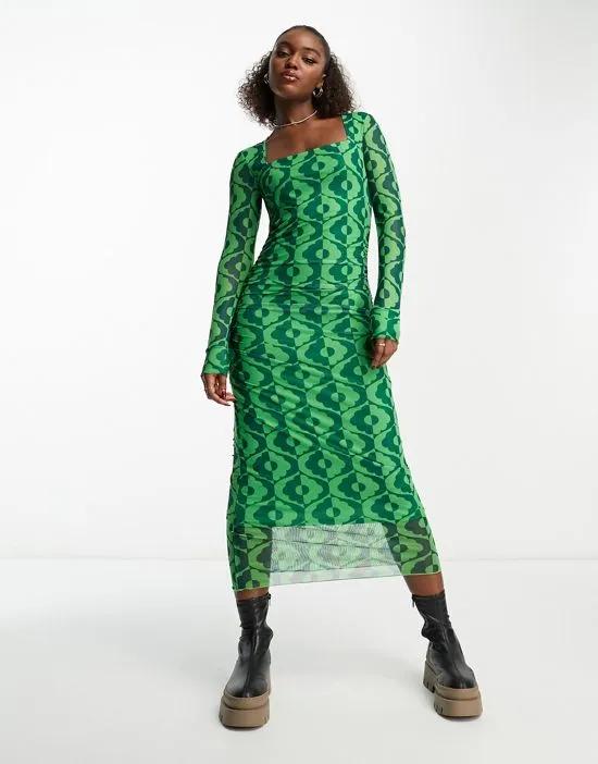 Krizza long sleeve midi dress in green print