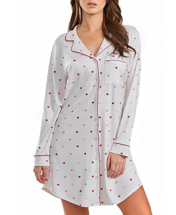Kyley Plus Size Heart Print Button Down Sleep Shirt with Contrast Red Trim
