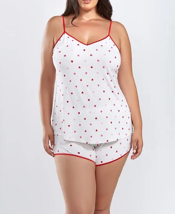 Kyley Plus Size Heart Printed Pajama Short Set Trimmed in Red