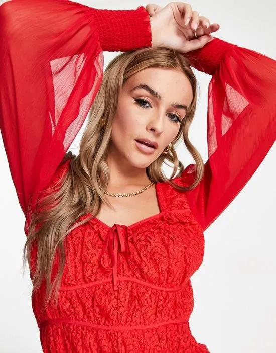 lace chiffon sleeve corset top in red