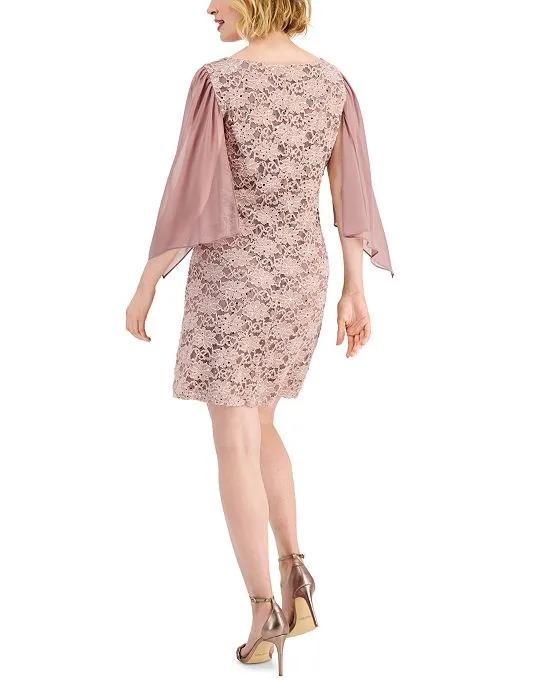 Lace Chiffon-Sleeve Sheath Dress