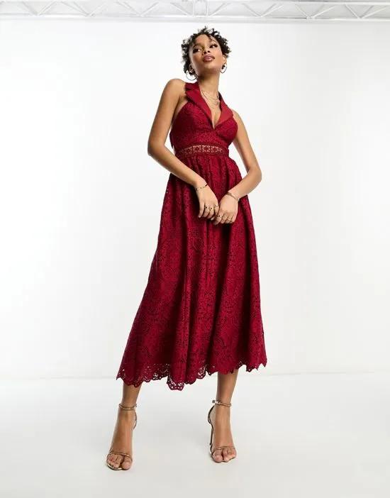 lace collar midi dress with open back detail in wine