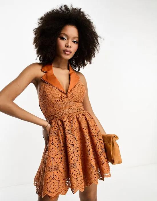 lace collar mini dress with open back detail in rust
