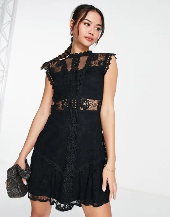 lace detail mini dress with flippy hem in black