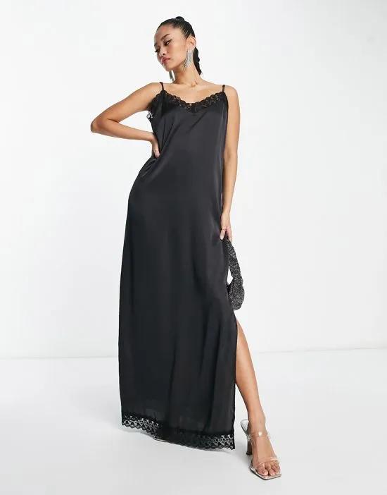 lace detail satin maxi dress with side slit in black