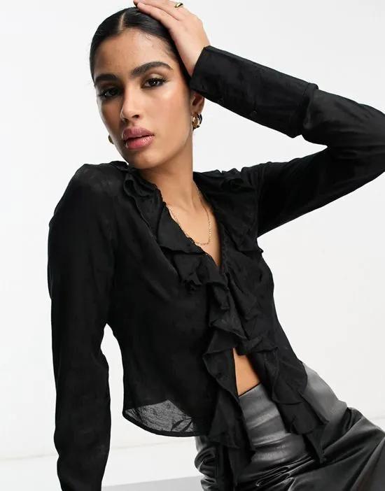 lace detail tie front top in black