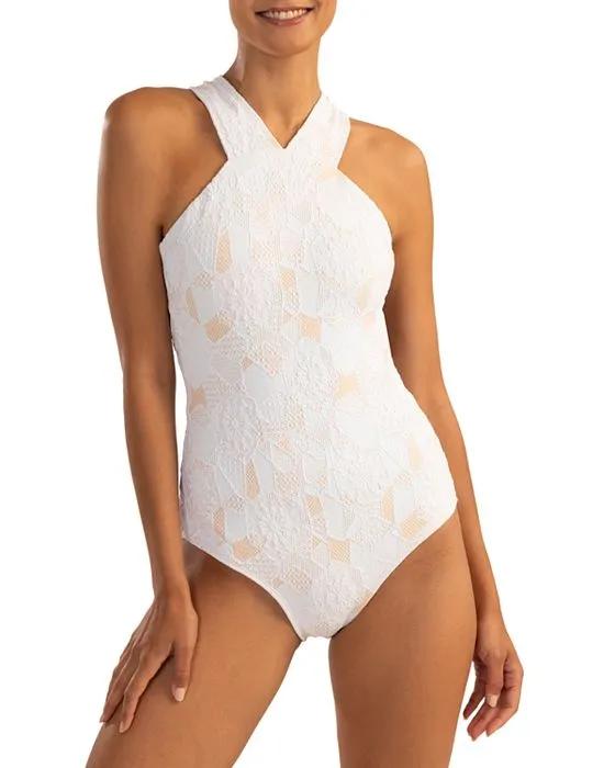 Lace High Neck One Piece Swimsuit