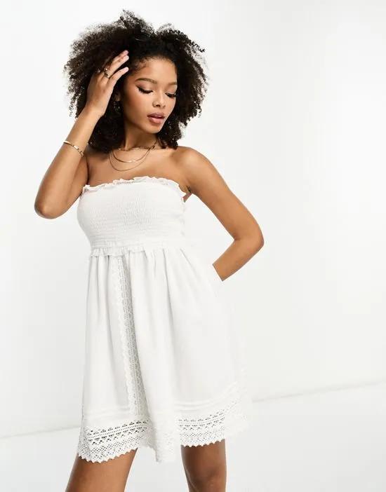 lace insert bandeau mini beach dress in white