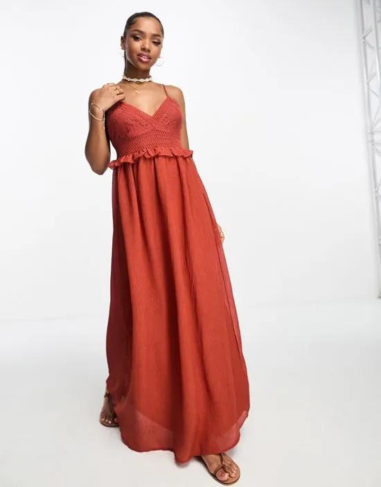 lace insert cami maxi dress in red