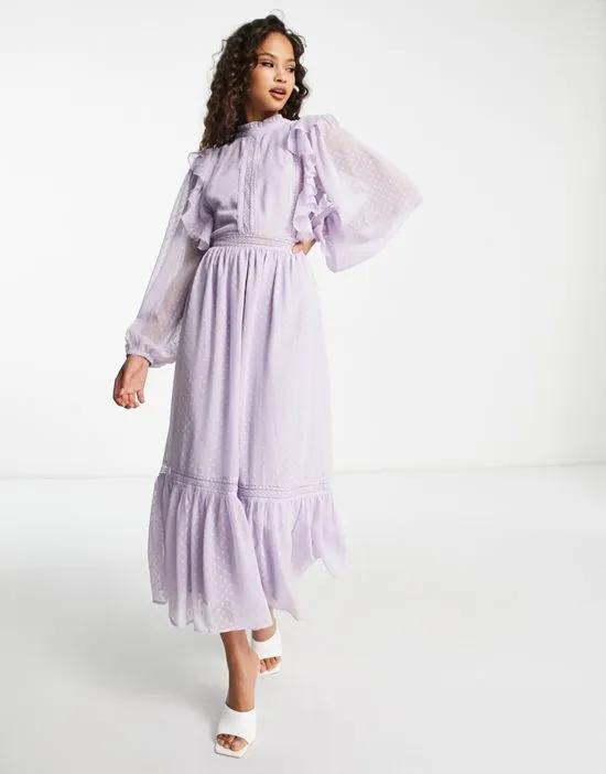 lace insert chiffon midi dress in lilac