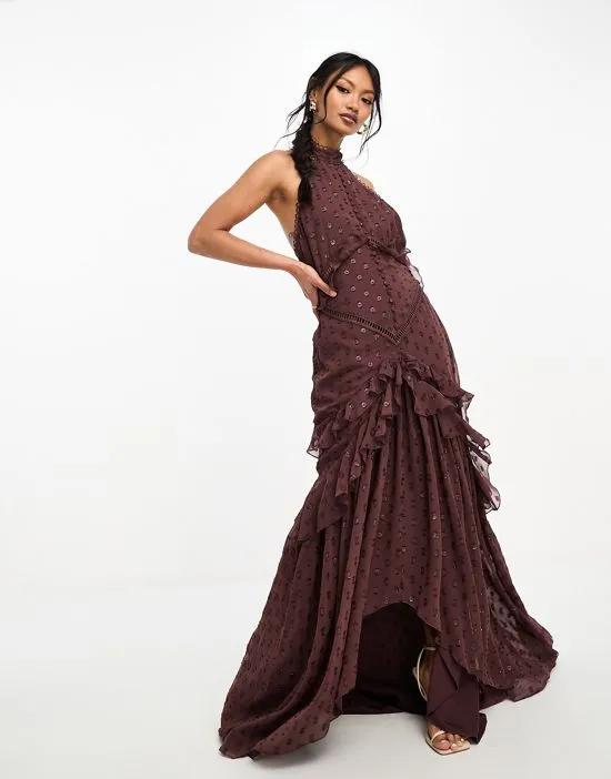 lace insert halter tiered maxi dress in metallic texture with circle trim in burgundy