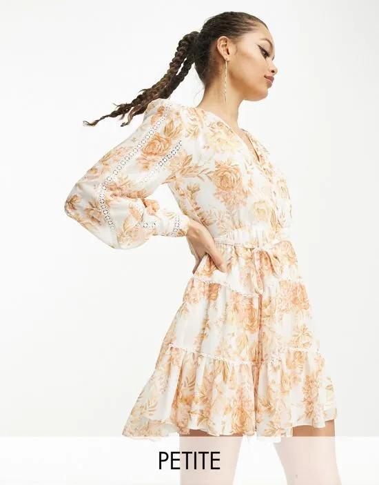 lace insert mini dress in apricot floral