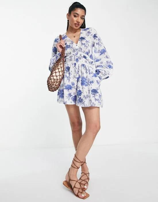 lace insert tea romper in blue and white floral print
