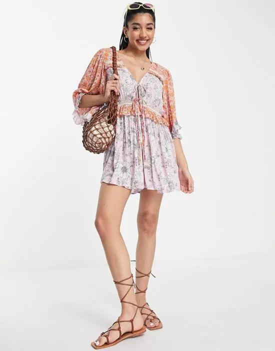 lace insert tie front romper in mixed floral print