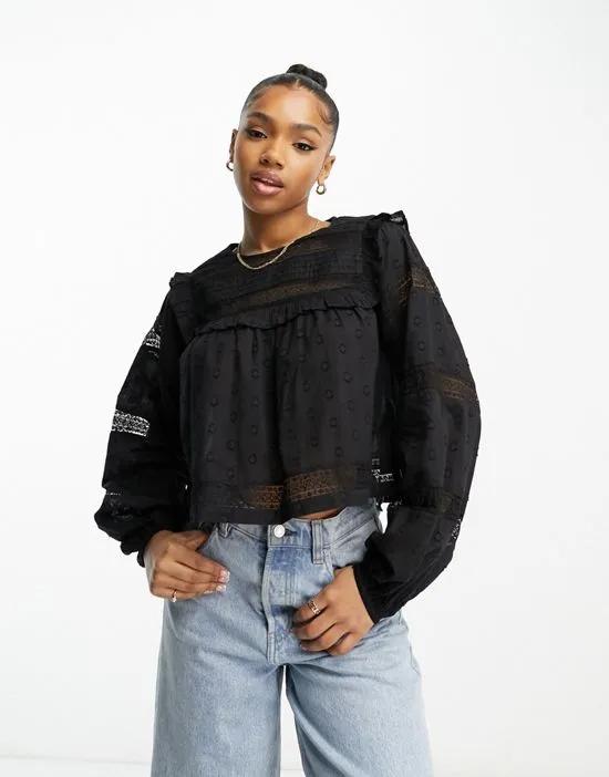lace insert victoriana pintuck blouse in black