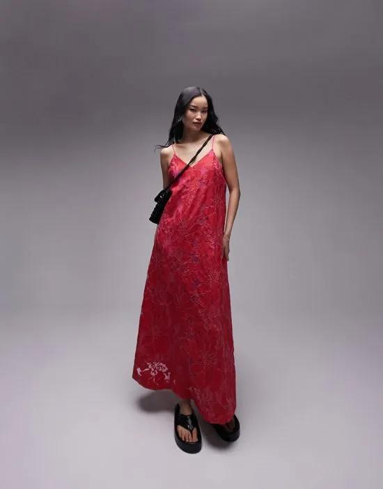 lace maxi throw-on dress in red and pink