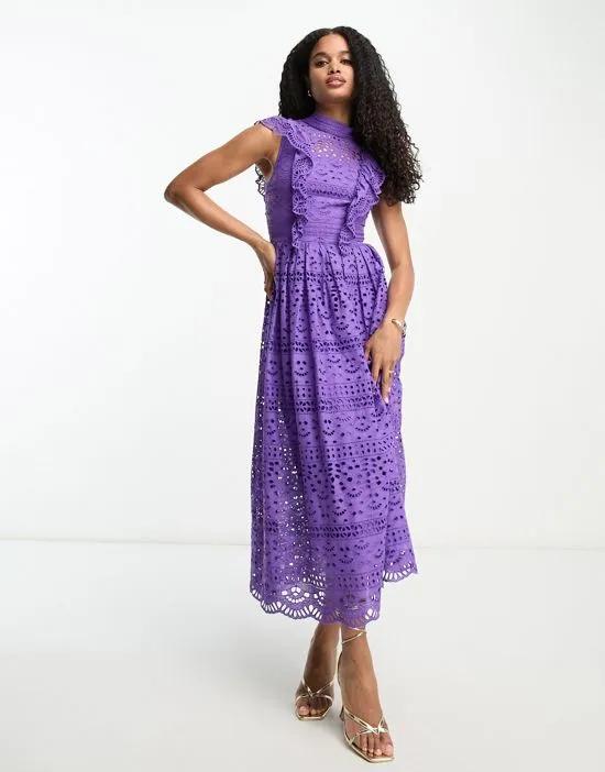 Lace midi dress with bow back detail in purple