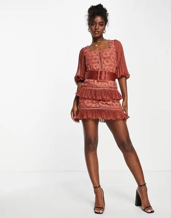 lace mini dress with pleated chiffon and satin belt in rust