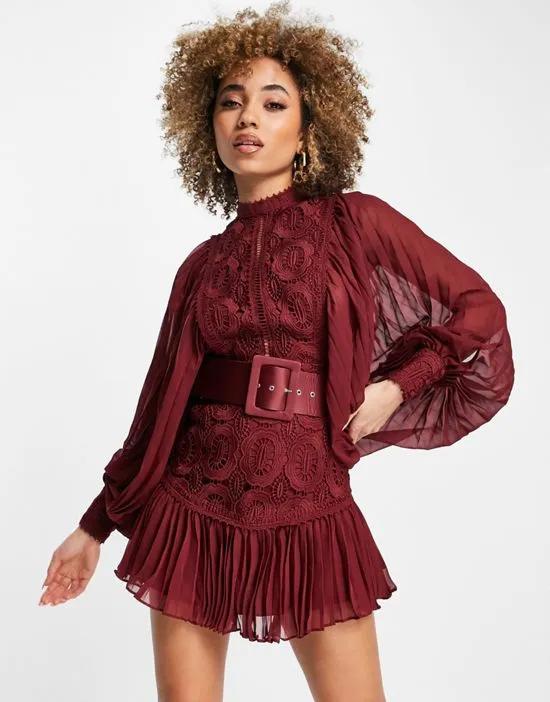 lace mini dress with pleated sleeve and belt in burgundy