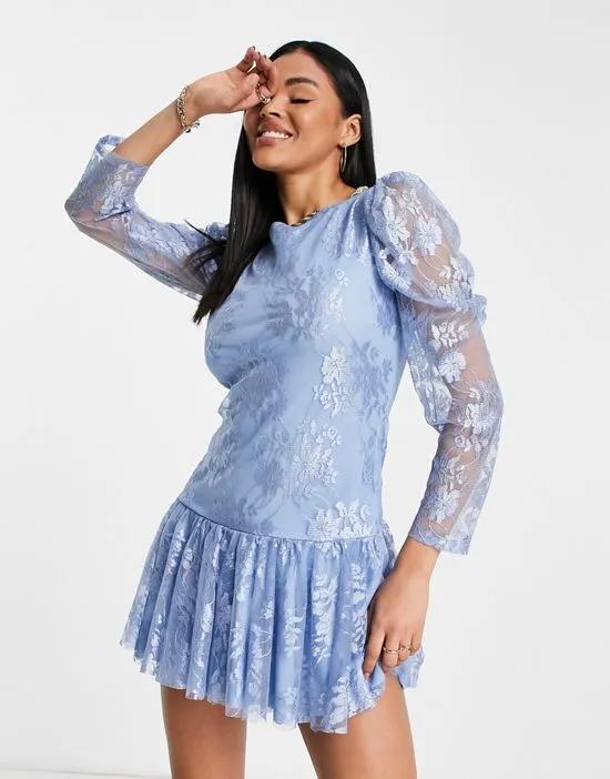 lace mini dress with tie back in blue