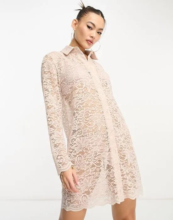 lace mini shirt dress with scallop edge in taupe