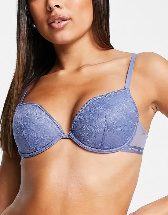 lace padded plunge push up bra with slogan elastic detail in blue
