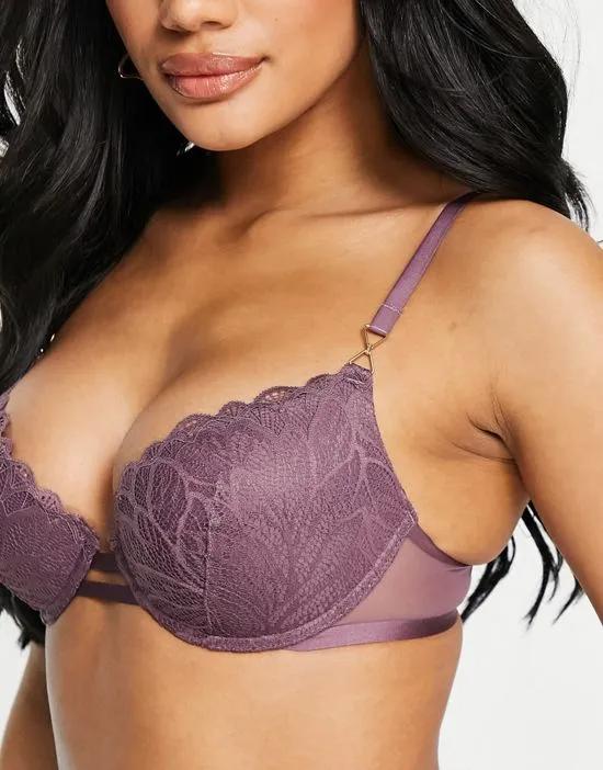 lace padded push up plunge bra in dark pink