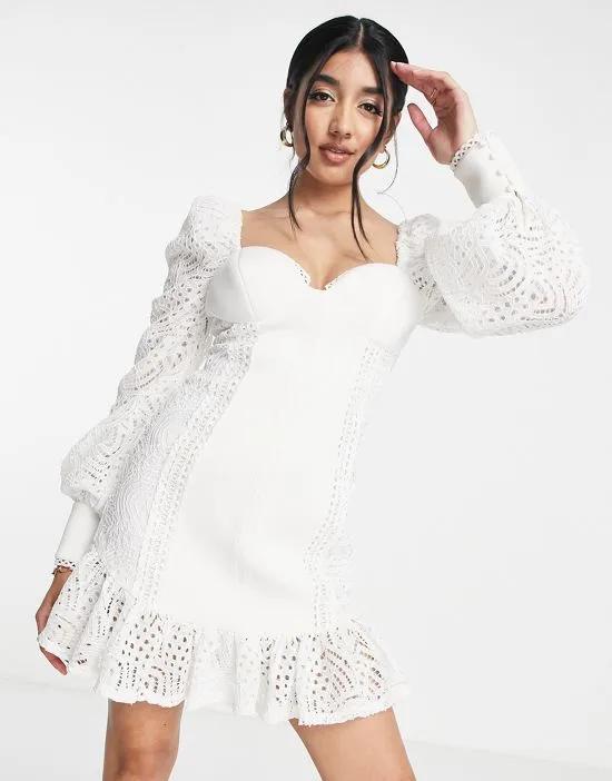 lace sleeve bust cup mini dress with pep hem in ivory