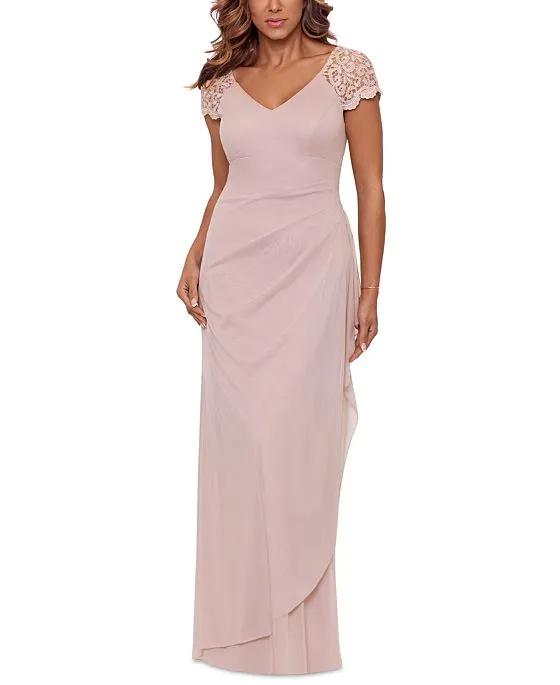 Lace-Sleeve Chiffon Gown