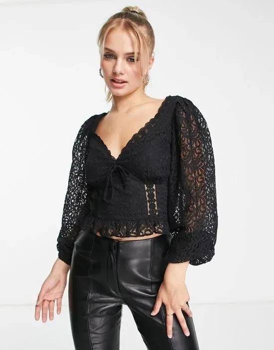 lace tie front corset top in black