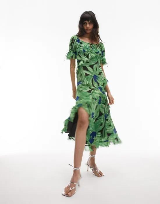 lace-up back occasion midi dress in green floral print