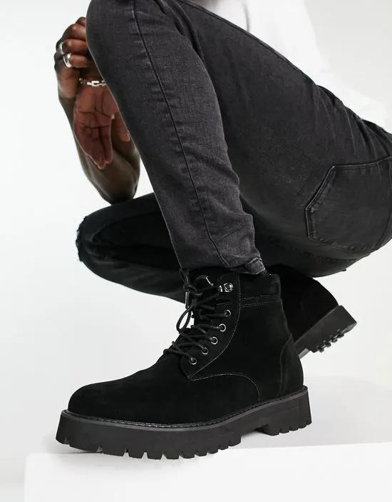 lace up boot in black faux suede with padded cuff detail