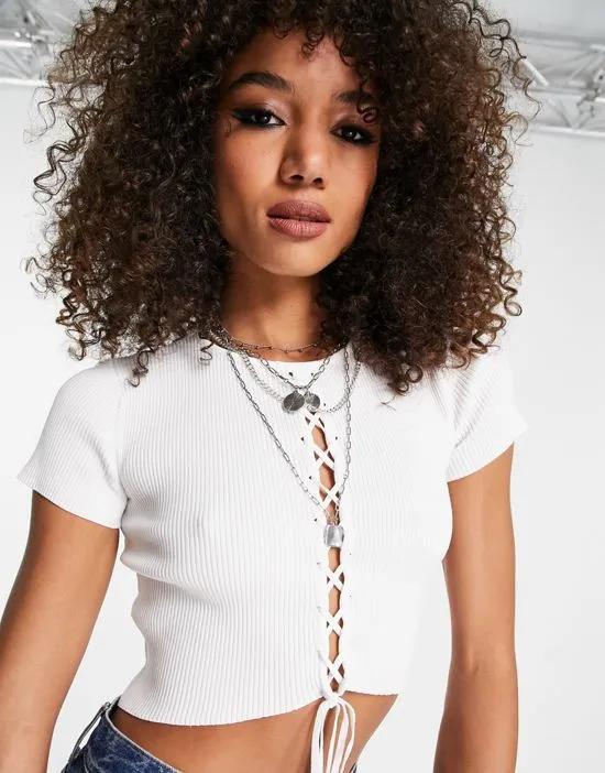 lace up detail knit cropped tee in white