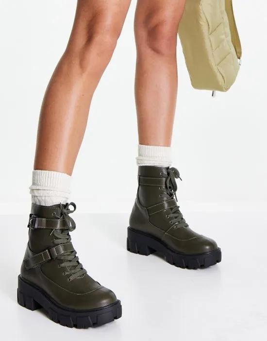 lace-up flat ankle boots with buckles in olive