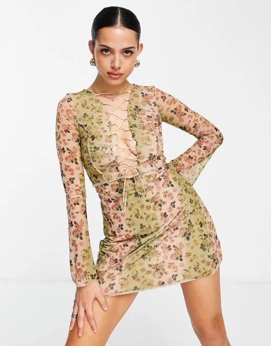 lace up front mini dress in floral print